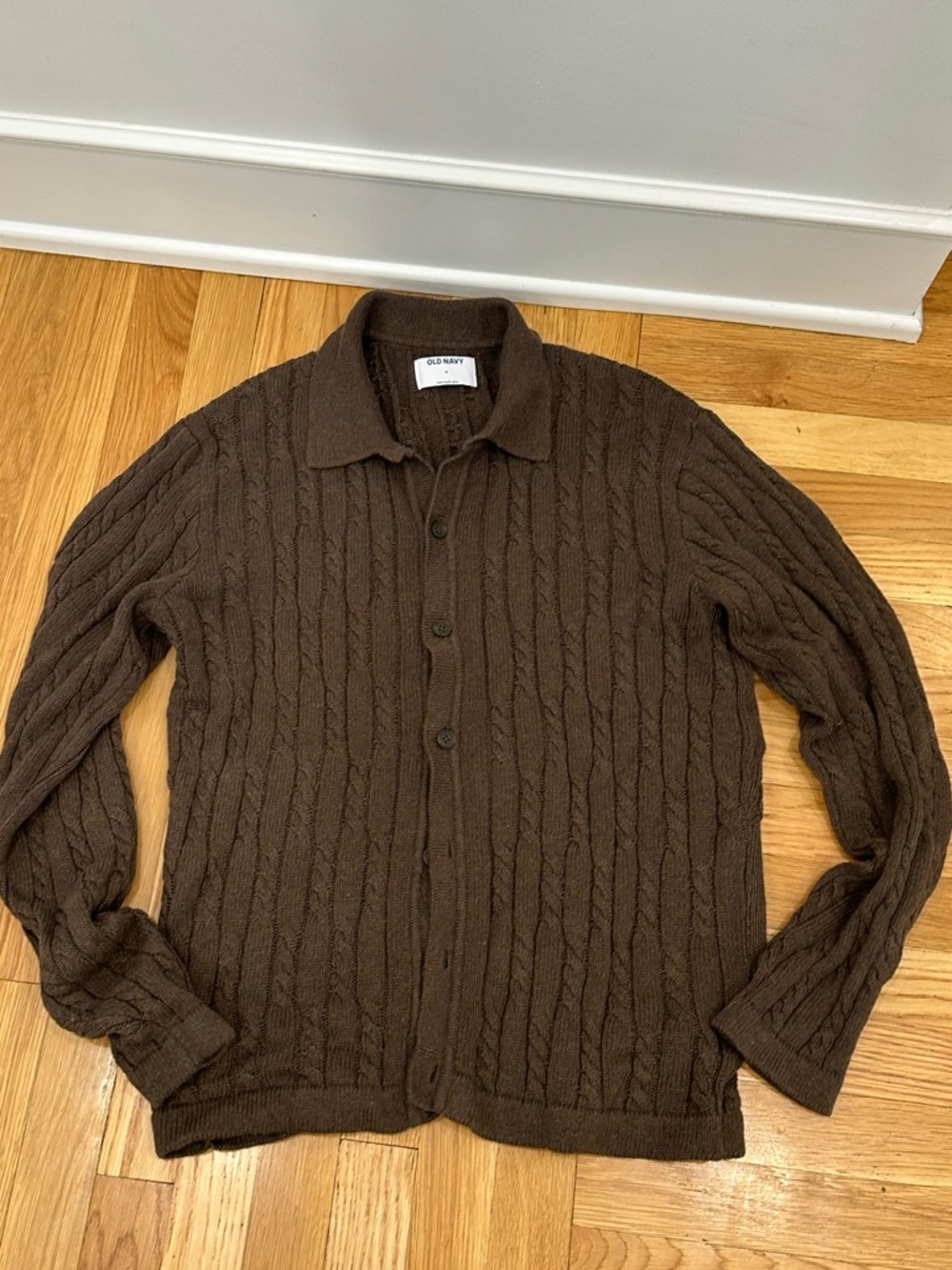 Women’s  Brown Cable Knit Cotton Button-Up Collared Sweater Preppy coastal